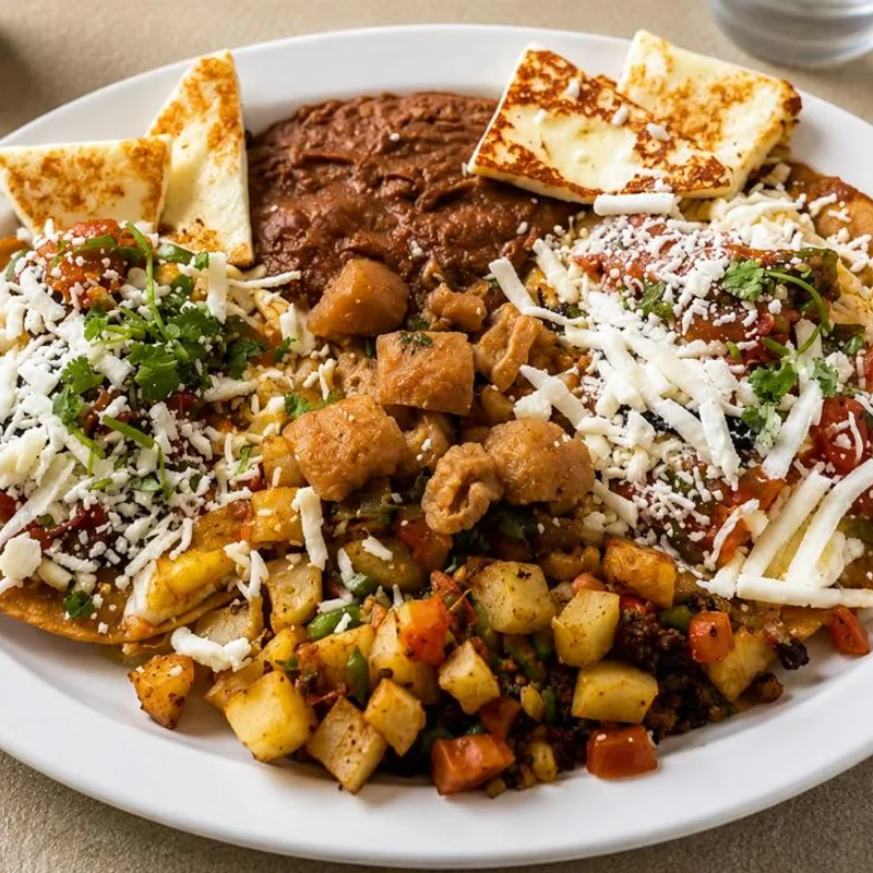 Breakfast plate with chilaquiles, eggs, potatoes, beans and quesadillas
