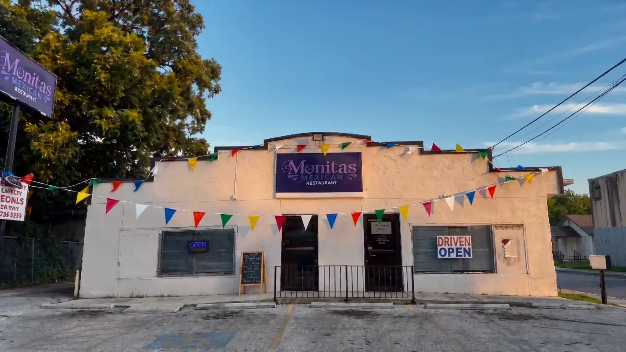 Monitas Mexican Restaurant storefront with papel picado
