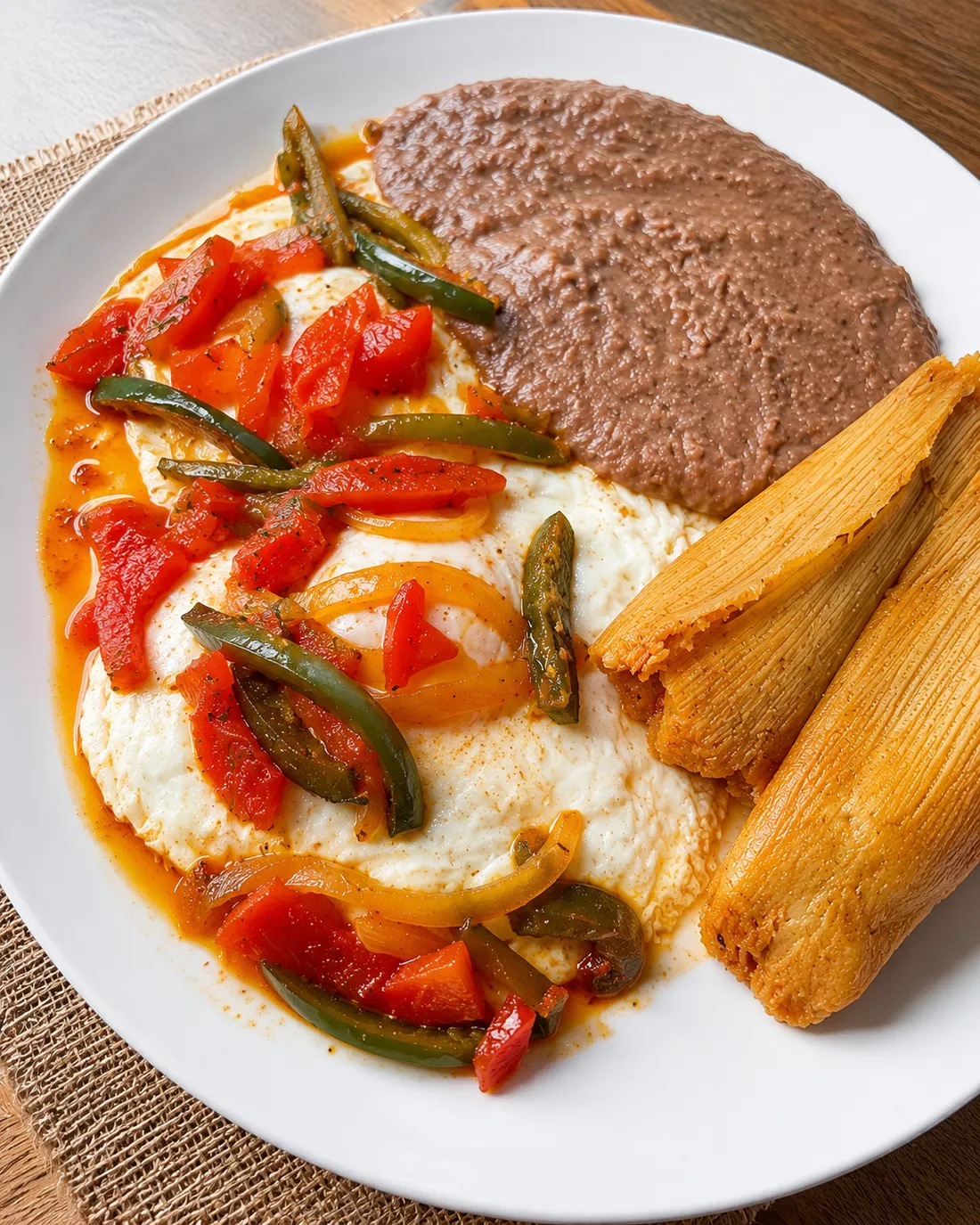 Huevos rancheros with rajas, refried beans and two tamales on a white plate